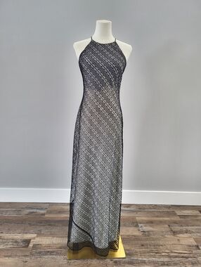 Vintage Lace Maxi Dress Black Silver Slip Y2K Formal Goth 5/6